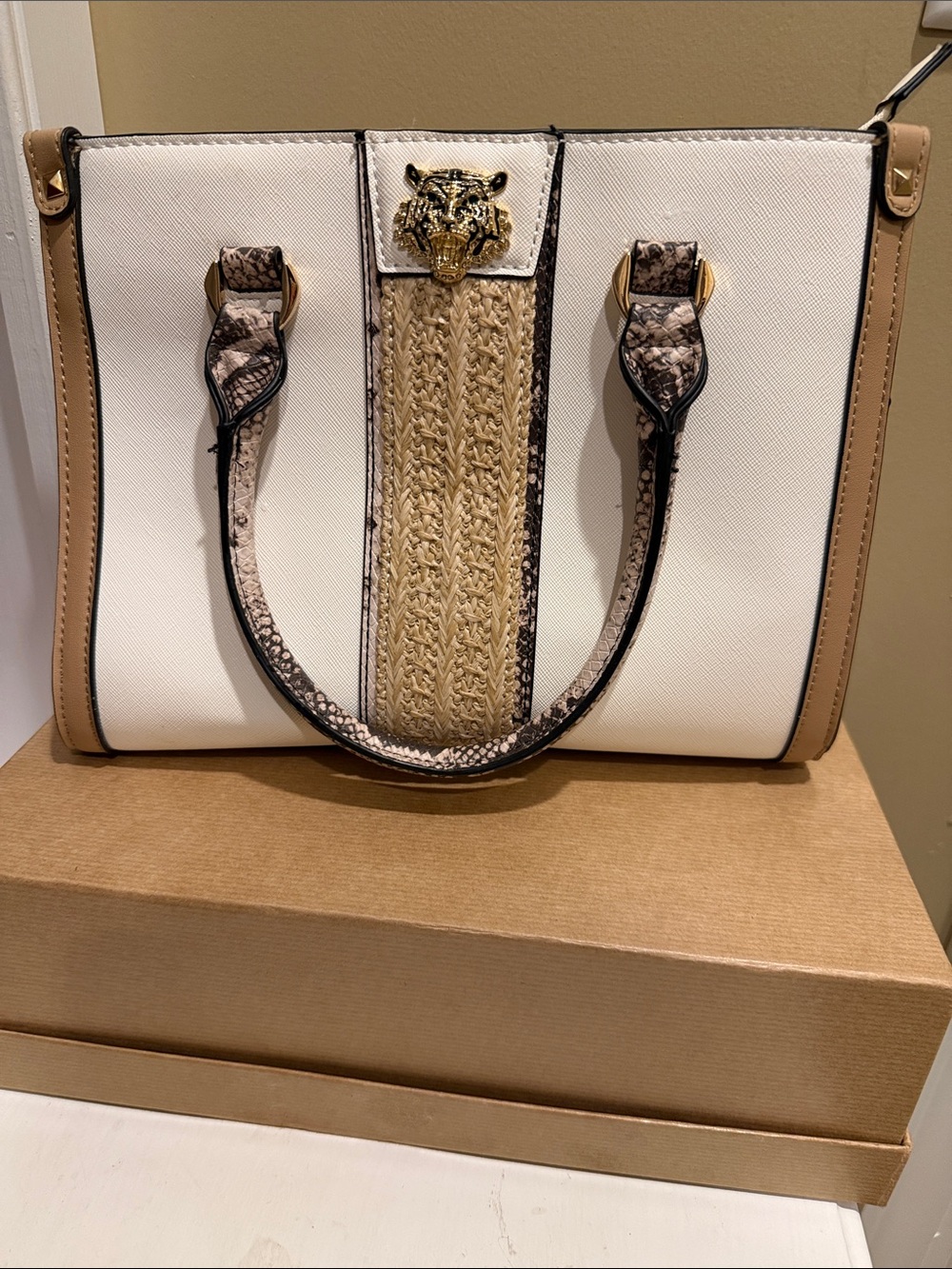 Aldo White and Tan Satchel with Gold Tiger Accent